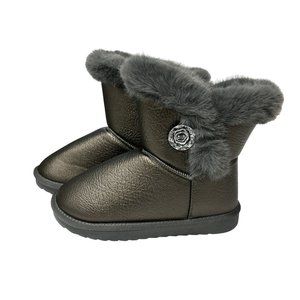 APAWWA Girls Gray Boots Fur Lined Slip-On Warm Girls Snow Boots 2.5